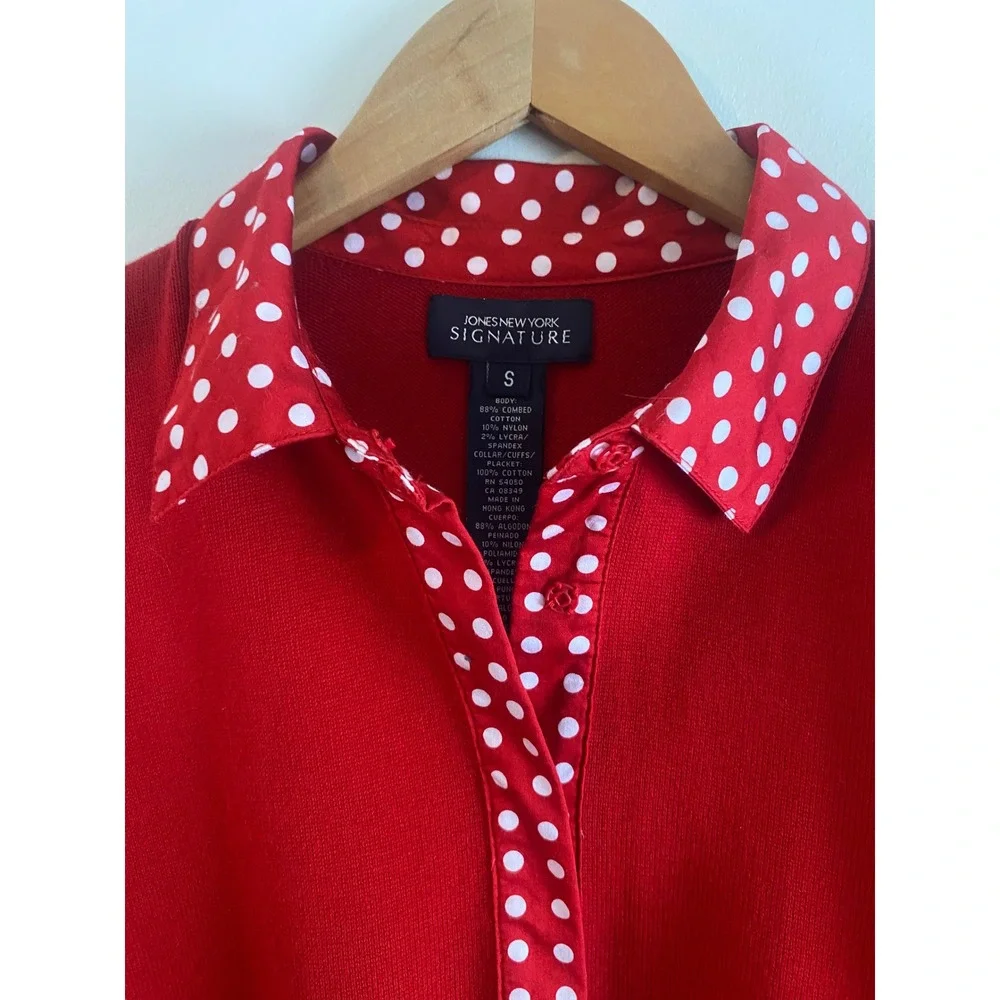 Jones NY Signature Snap Front Red Polka Dot Knit Cardigan Top Size S - Picture 7 of 9